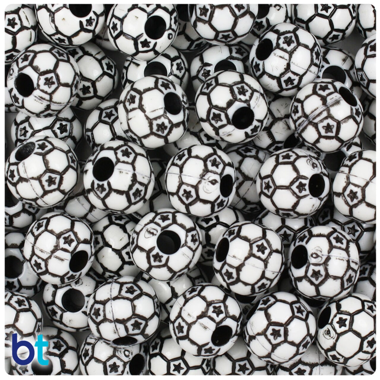 BeadTin White Opaque 12mm Round Plastic Pony Beads - Black Soccer Ball Design (48pcs)